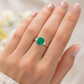 Natural Emerald and Diamond 3 Stone Platinum Ring GIA