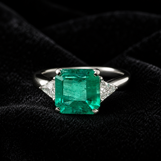 Natural Emerald and Diamond 3 Stone Platinum Ring GIA