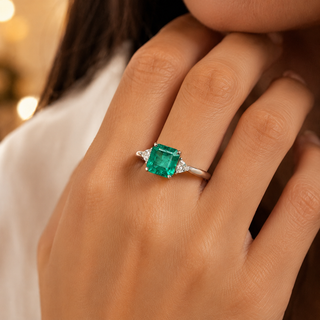Natural Emerald and Diamond 3 Stone Platinum Ring GIA