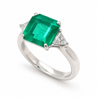 Natural Emerald and Diamond 3 Stone Platinum Ring GIA