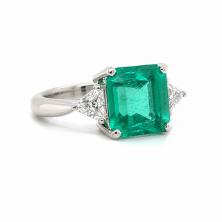 Natural Emerald and Diamond 3 Stone Platinum Ring GIA