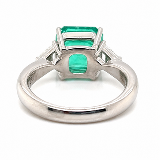 Natural Emerald and Diamond 3 Stone Platinum Ring GIA