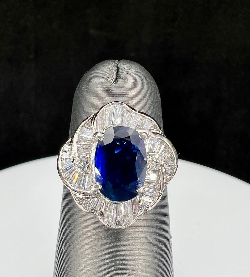 Natural Blue Sapphire Diamond Cluster Halo Cocktail Platinum Ring - Pre-owned