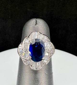 Natural Mined Blue Sapphire Diamond Cluster Halo Cocktail Ring Platinum GIA