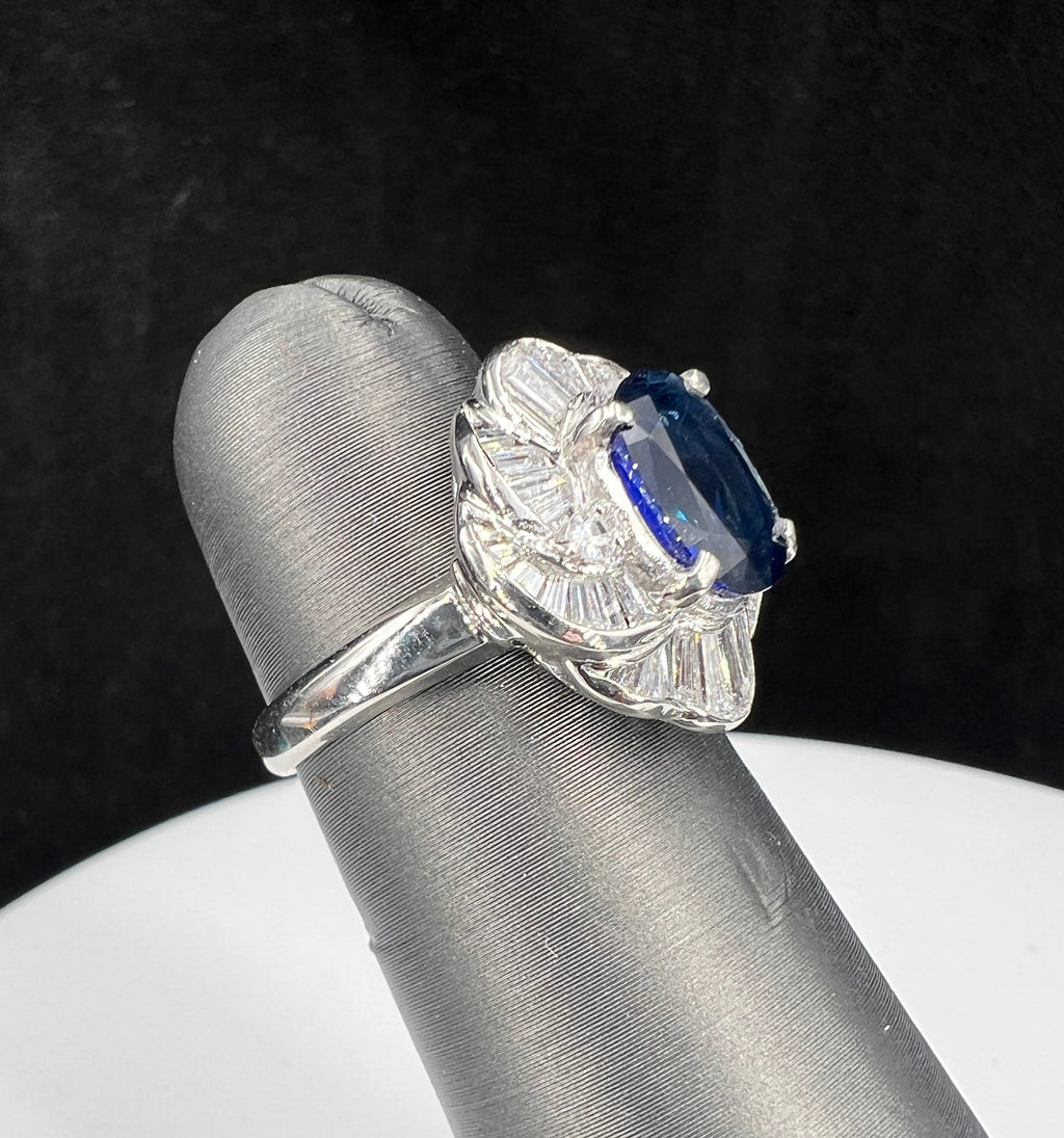 Natural Blue Sapphire Diamond Cluster Halo Cocktail Platinum Ring - Pre-owned