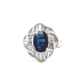 Natural Mined Blue Sapphire Diamond Cluster Halo Cocktail Ring Platinum GIA