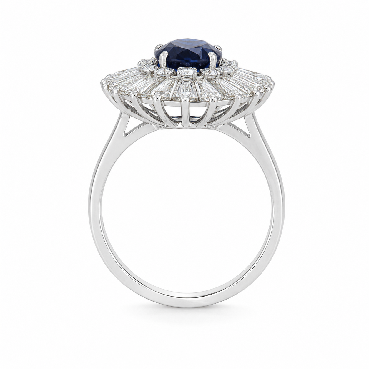 Natural Blue Sapphire and Diamond Baguette Ballerina Cluster Halo Platinum Ring Platinum - Pre-owned