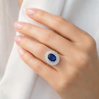 Natural Blue Sapphire and Diamond Baguette Ballerina Cluster Halo Platinum Ring Platinum - Pre-owned