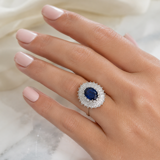 Natural Blue Sapphire and Diamond Baguette Ballerina Cluster Halo Platinum Ring Platinum - Pre-owned