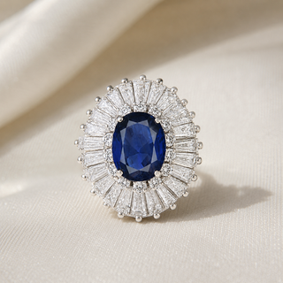 Natural Blue Sapphire and Diamond Baguette Ballerina Cluster Halo Platinum Ring Platinum - Pre-owned