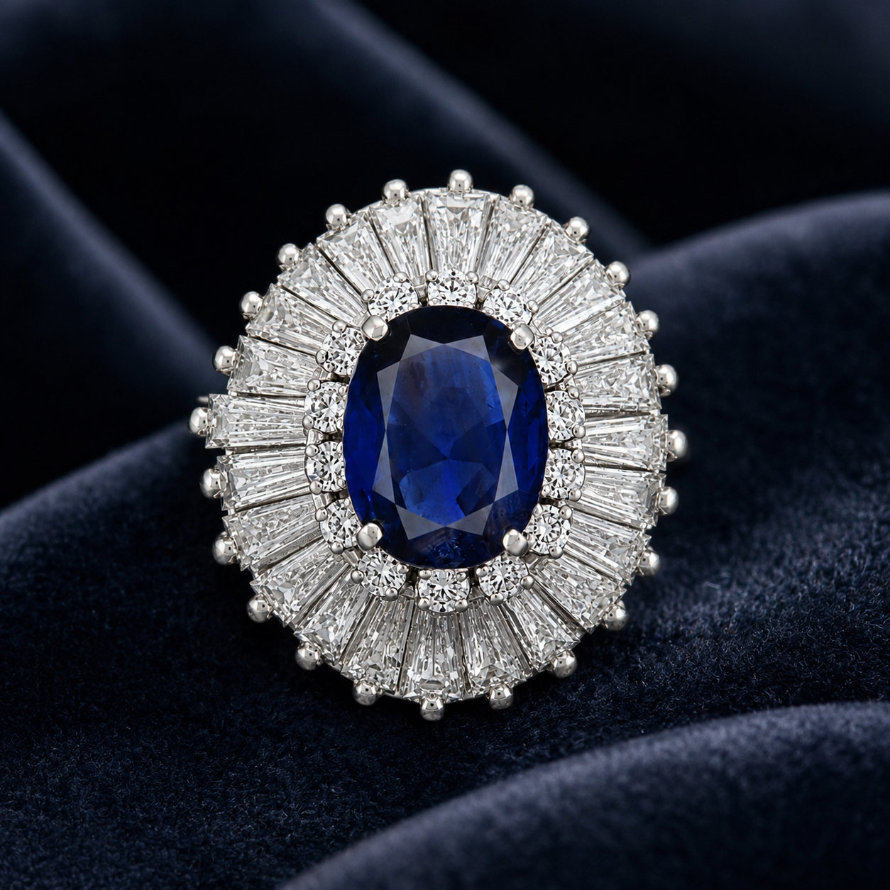 Natural Blue Sapphire and Diamond Baguette Ballerina Cluster Halo Platinum Ring Platinum - Pre-owned