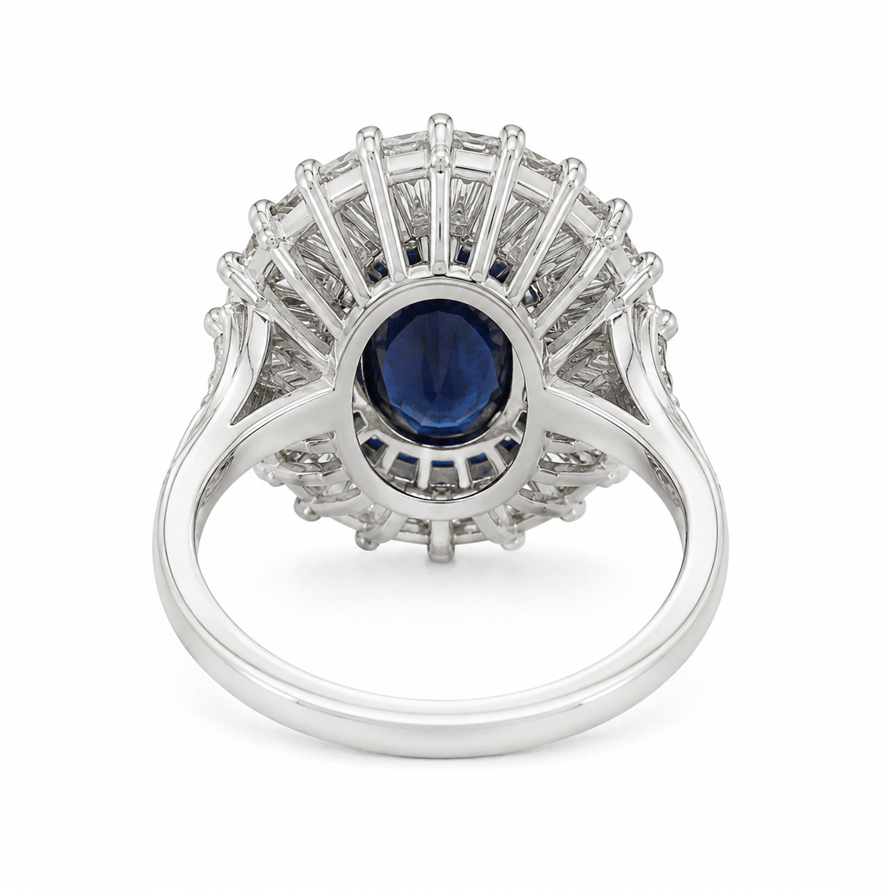 Natural Blue Sapphire and Diamond Baguette Ballerina Cluster Halo Platinum Ring Platinum - Pre-owned