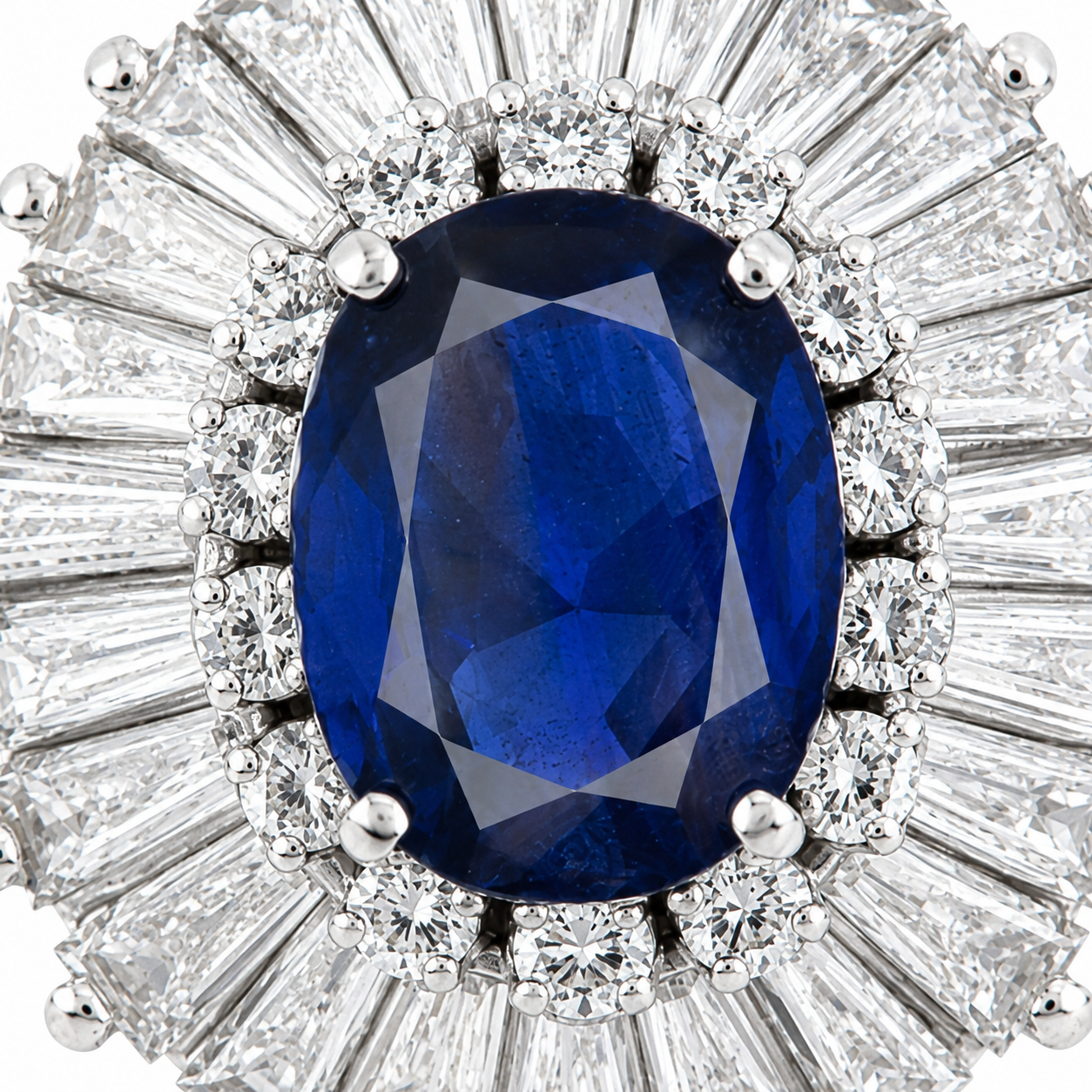 Natural Blue Sapphire and Diamond Baguette Ballerina Cluster Halo Platinum Ring Platinum - Pre-owned