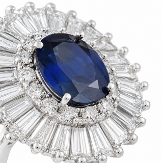 Natural Blue Sapphire and Diamond Baguette Ballerina Cluster Halo Platinum Ring Platinum - Pre-owned