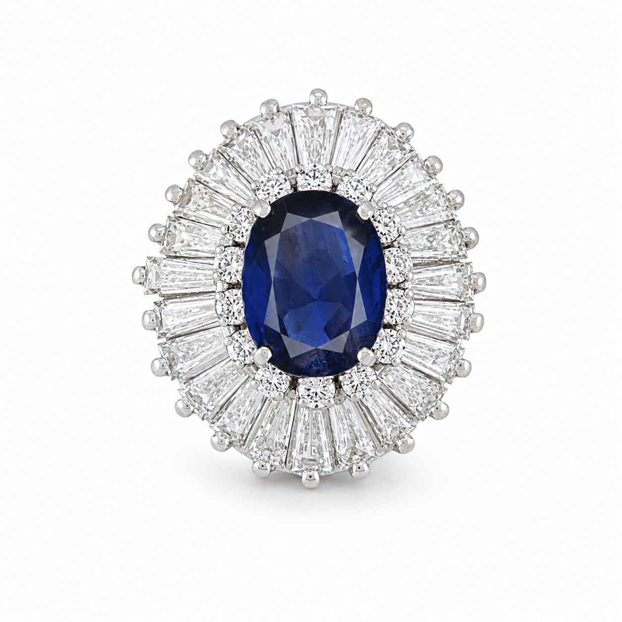 Natural Blue Sapphire and Diamond Baguette Ballerina Cluster Halo Platinum Ring Platinum - Pre-owned