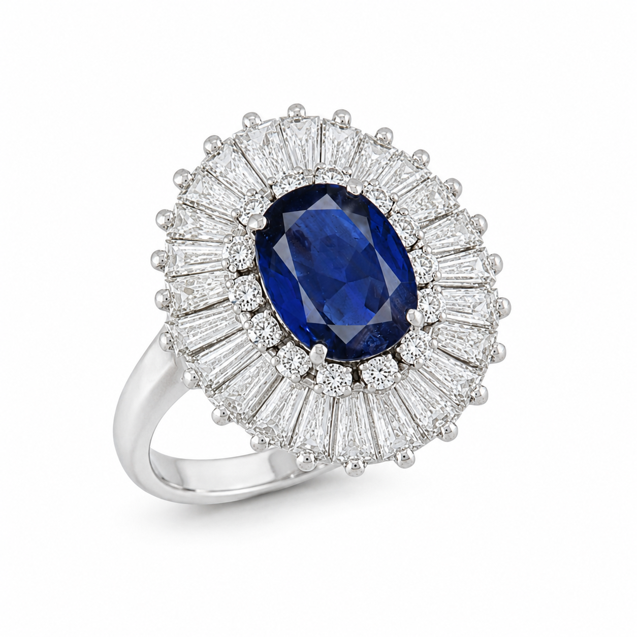 Natural Blue Sapphire and Diamond Baguette Ballerina Cluster Halo Platinum Ring Platinum - Pre-owned