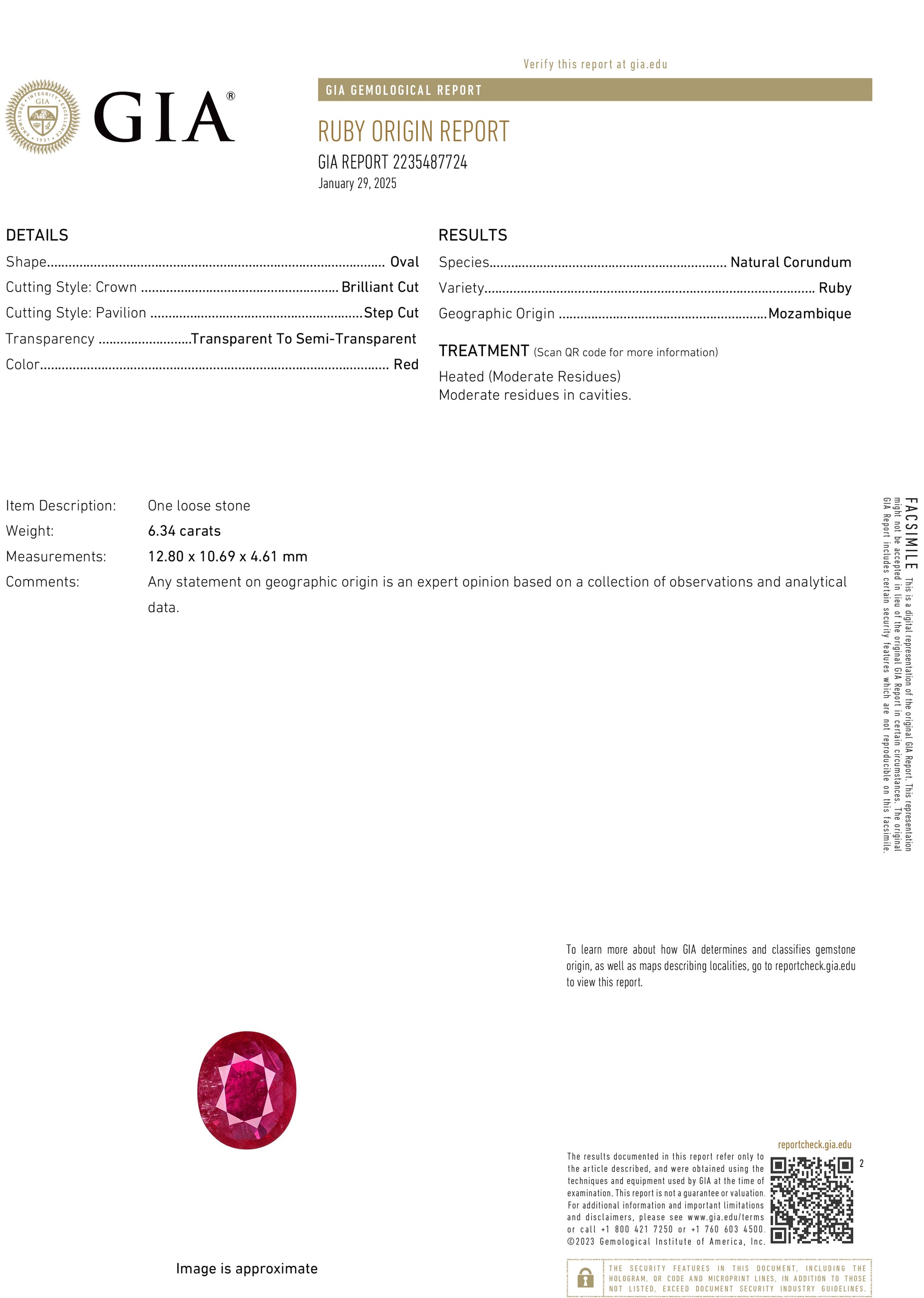6.34 Carat Red Ruby Oval Cut GIA