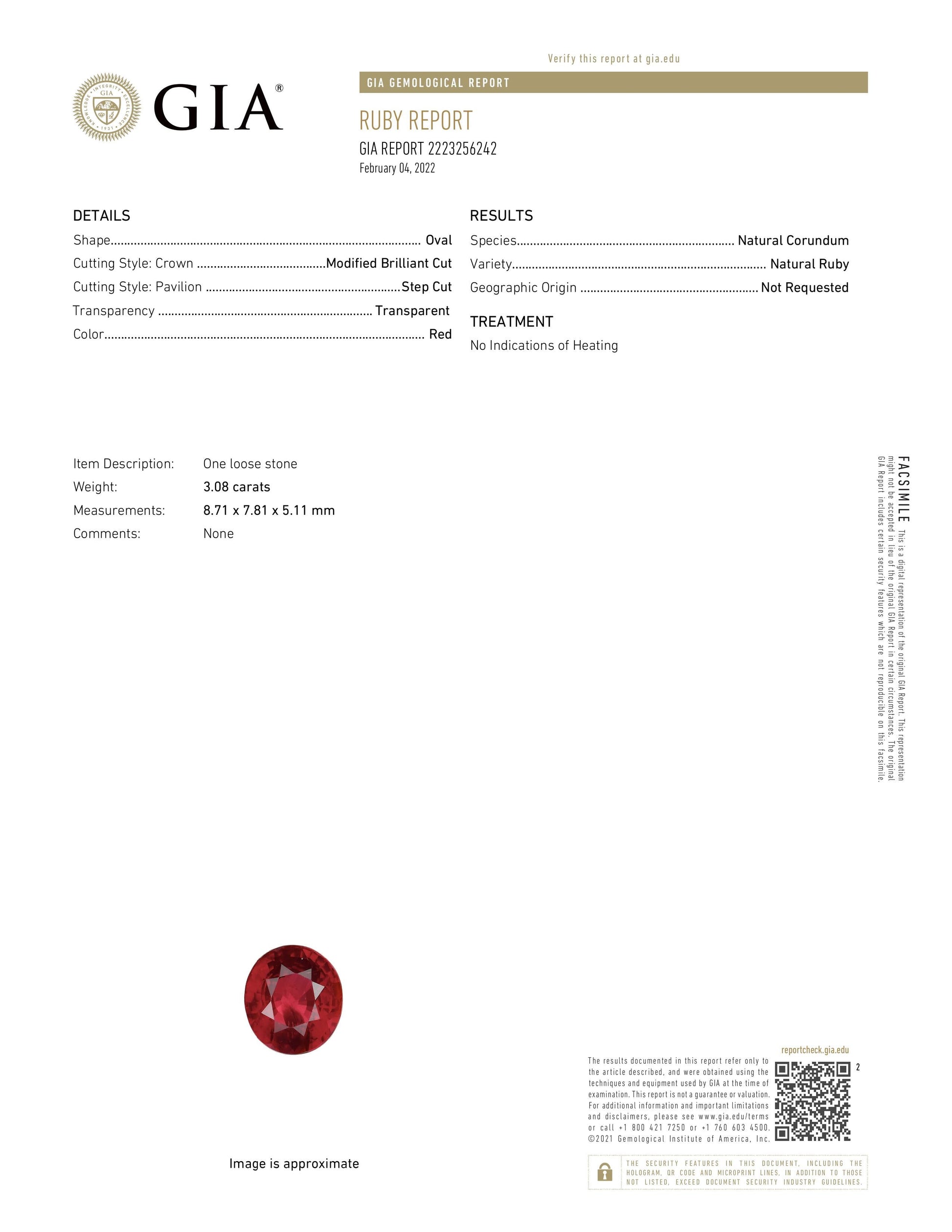 3.08 Carat Oval Shaped Red Ruby  (GIA) 2223256242
