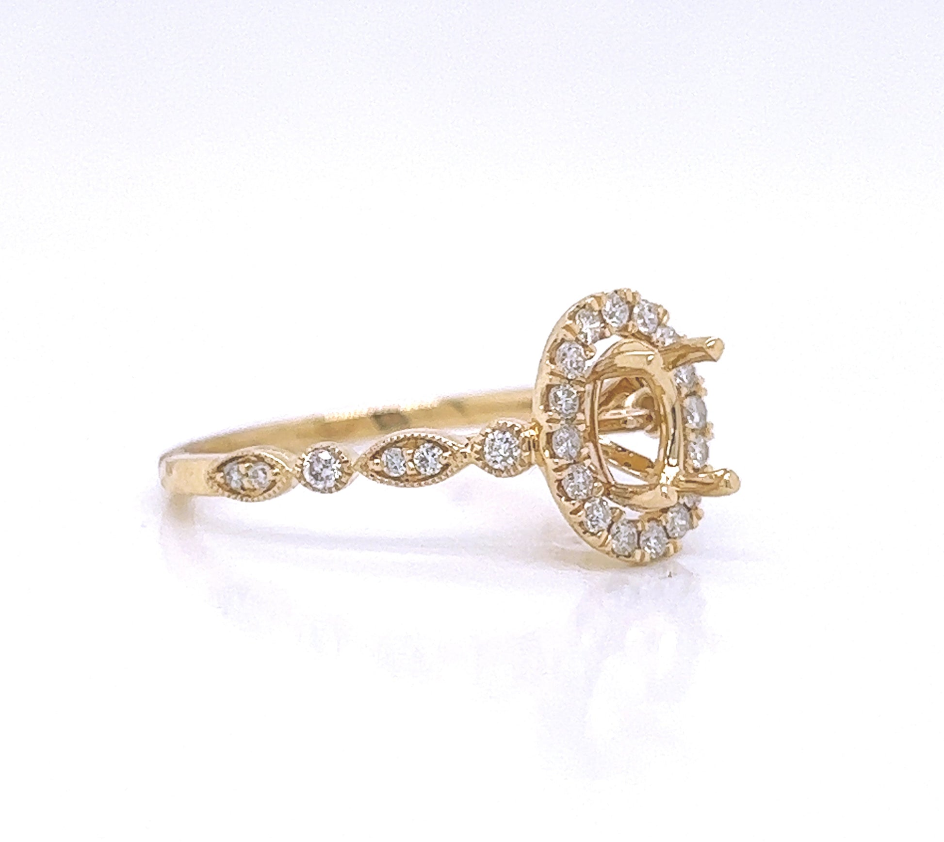 Semi-Mount Fits 7 x 5 mm with Natural Diamond Halo Ring, in Yellow Gold
