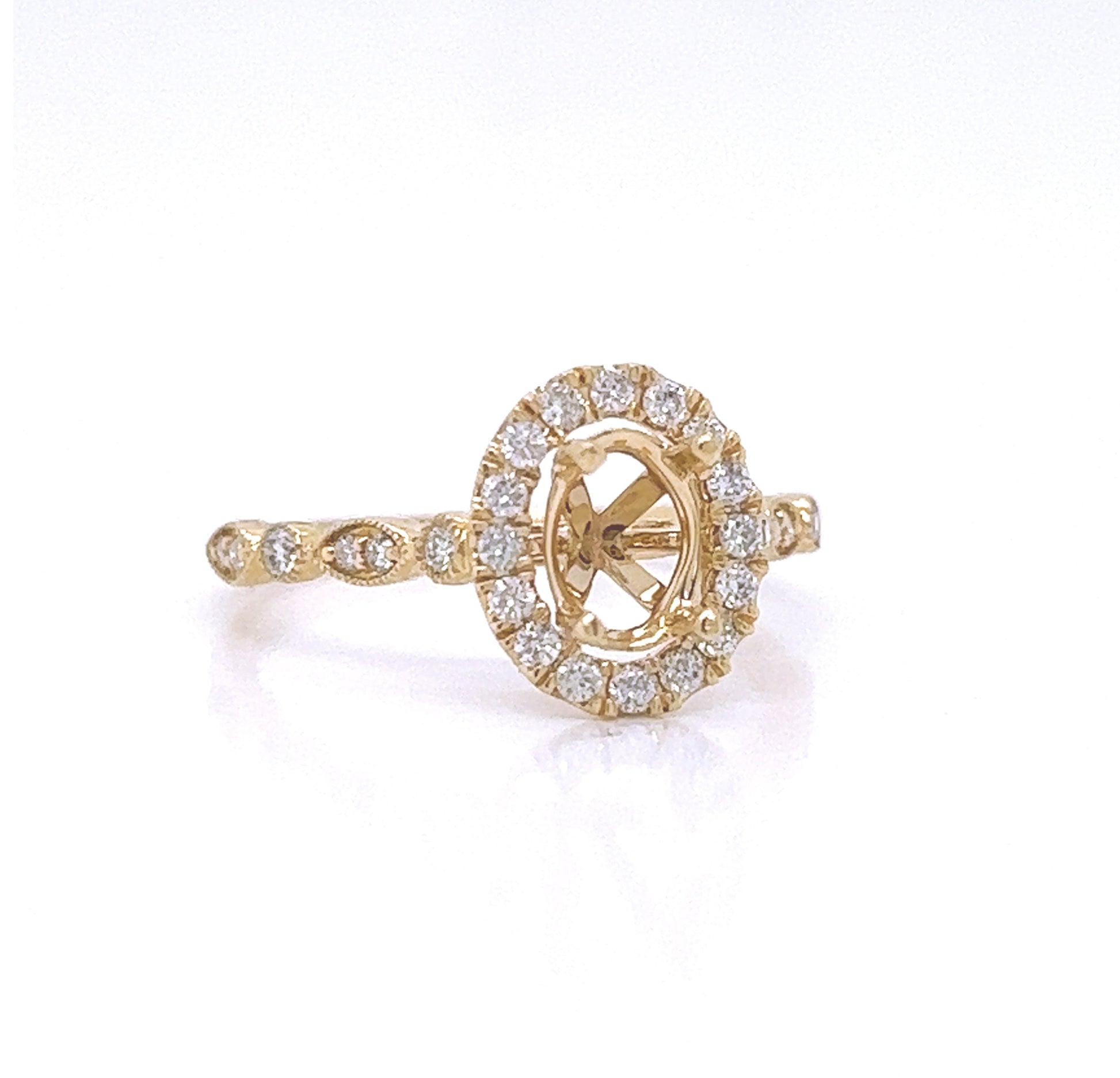 Semi-Mount Fits 7 x 5 mm with Natural Diamond Halo Ring, in Yellow Gold