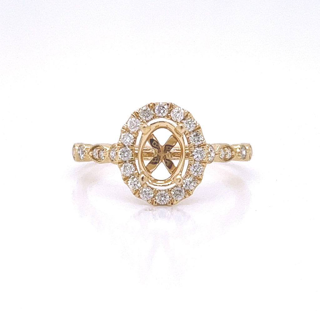 Semi-Mount Fits 7 x 5 mm with Natural Diamond Halo Ring, in Yellow Gold