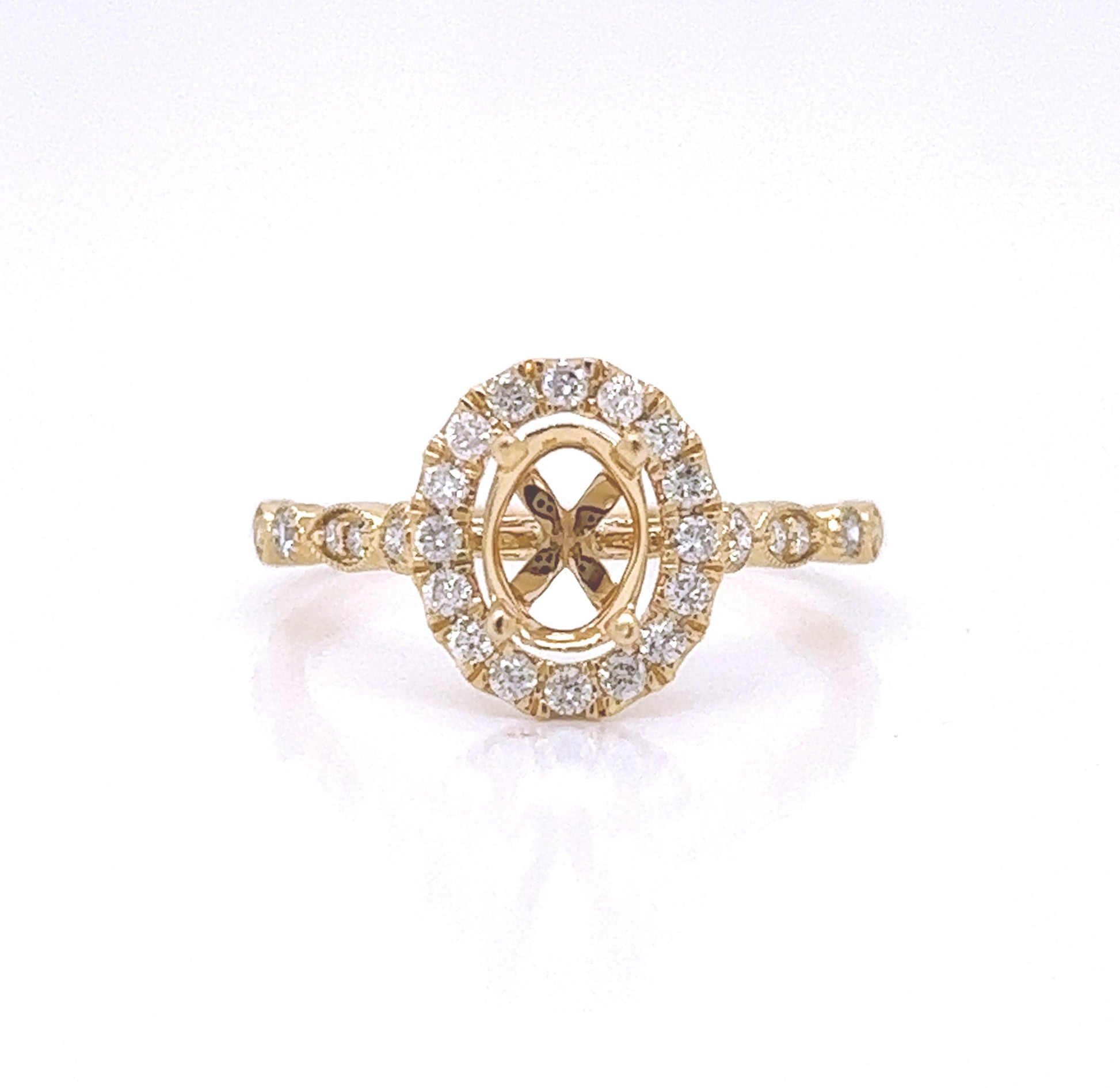 Semi-Mount Fits 7 x 5 mm with Natural Diamond Halo Ring, in Yellow Gold