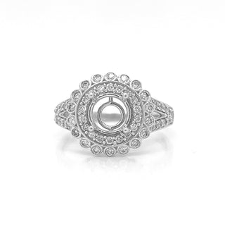 Natural Mined Round Diamond Halo Semi-Mount Fits 6.5 mm Art Dec Bridal Ring White Gold