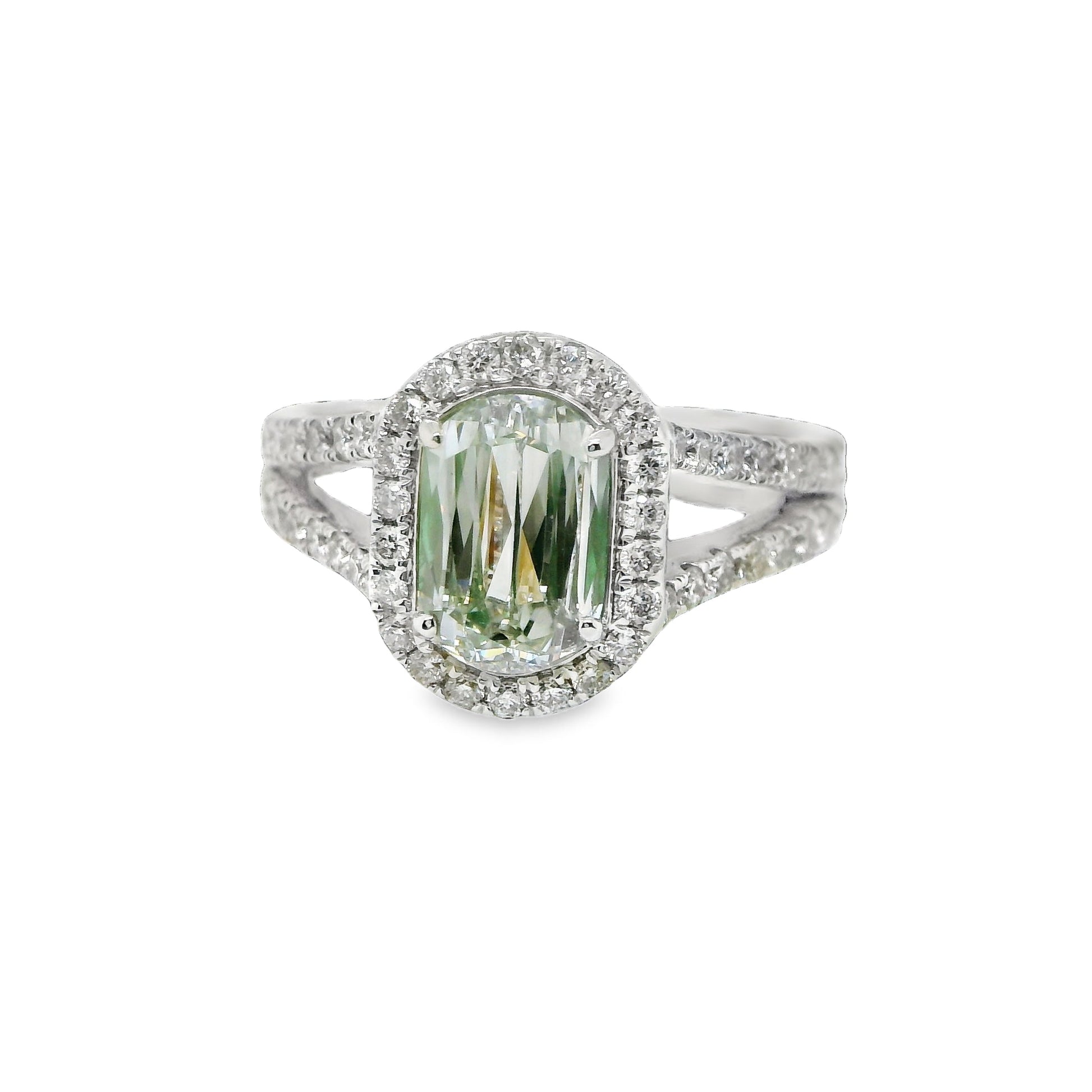 1.98 ct.t.w. Natural Cushion Cut Fancy Green Diamond Halo Ring, in White Gold