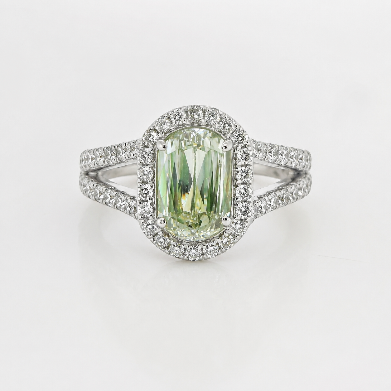 Natural Radiant Cut Fancy Green Diamond Halo Ring 18KT White Gold