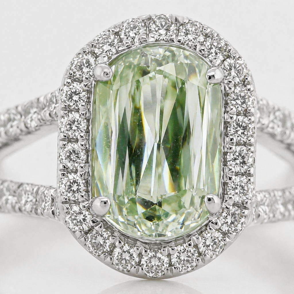 Natural Radiant Cut Fancy Green Diamond Halo Ring 18KT White Gold