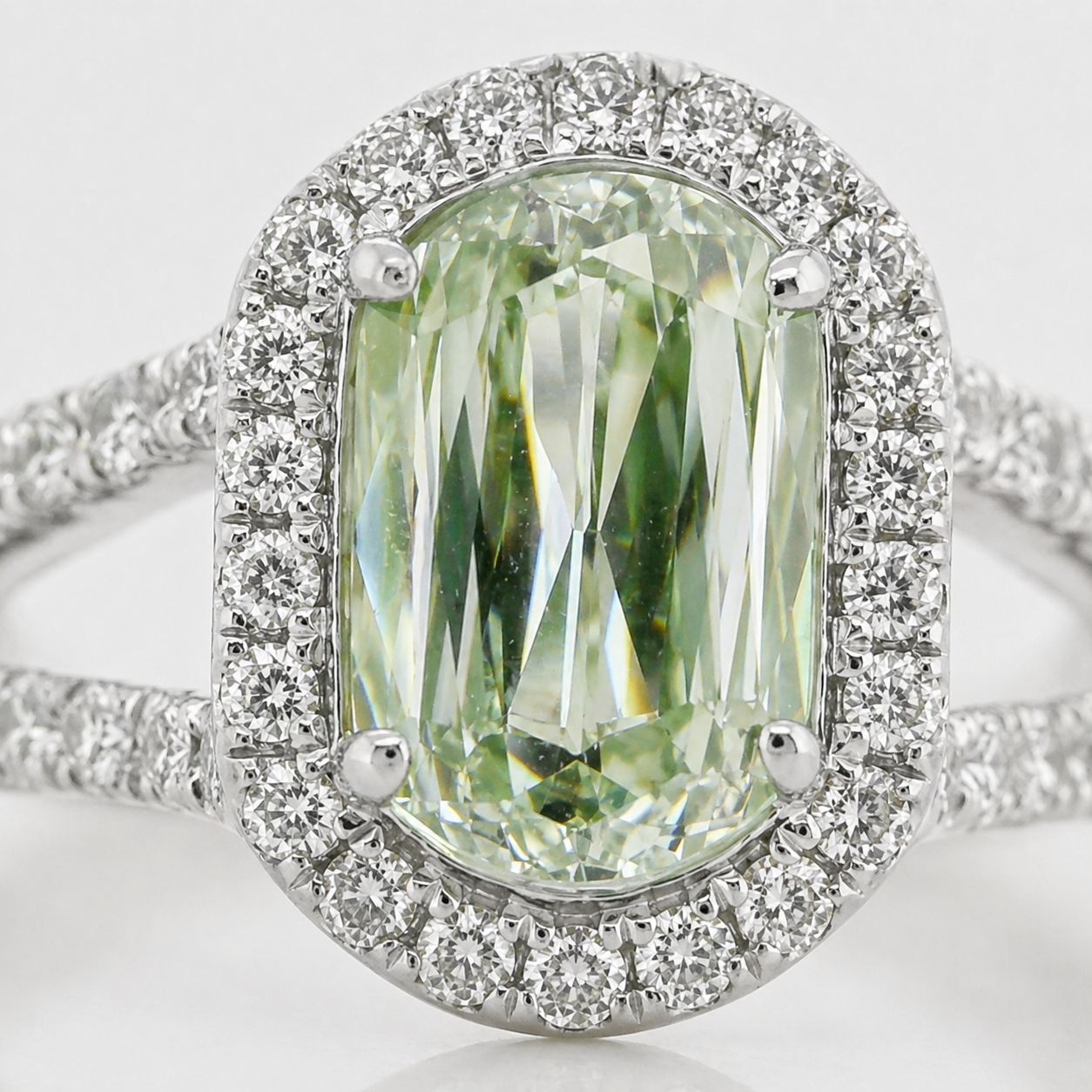 Natural Radiant Cut Fancy Green Diamond Halo Ring 18KT White Gold