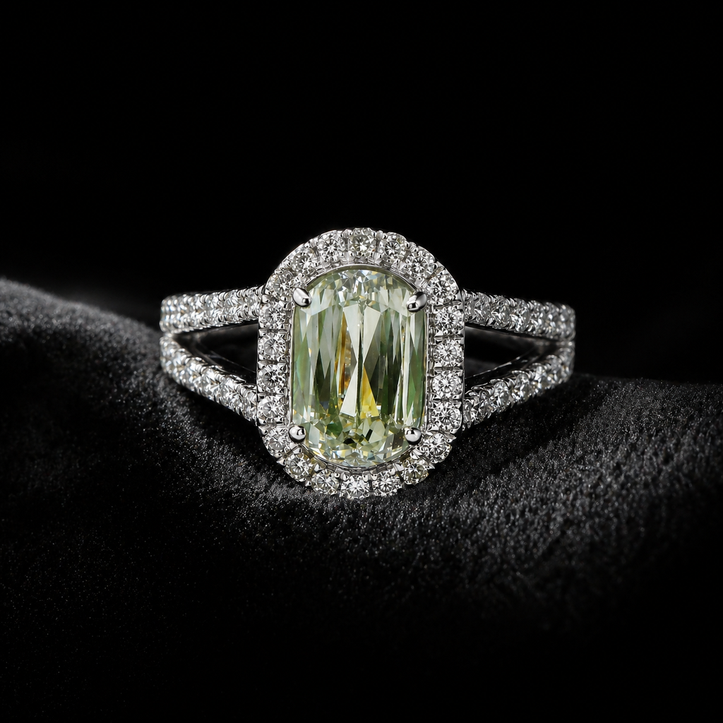 Natural Radiant Cut Fancy Green Diamond Halo Ring 18KT White Gold