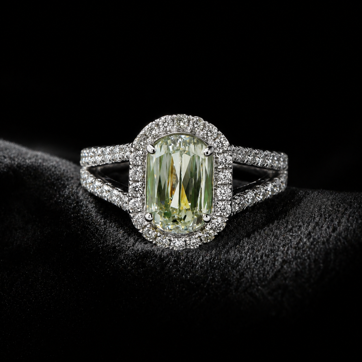 Natural Radiant Cut Fancy Green Diamond Halo Ring 18KT White Gold