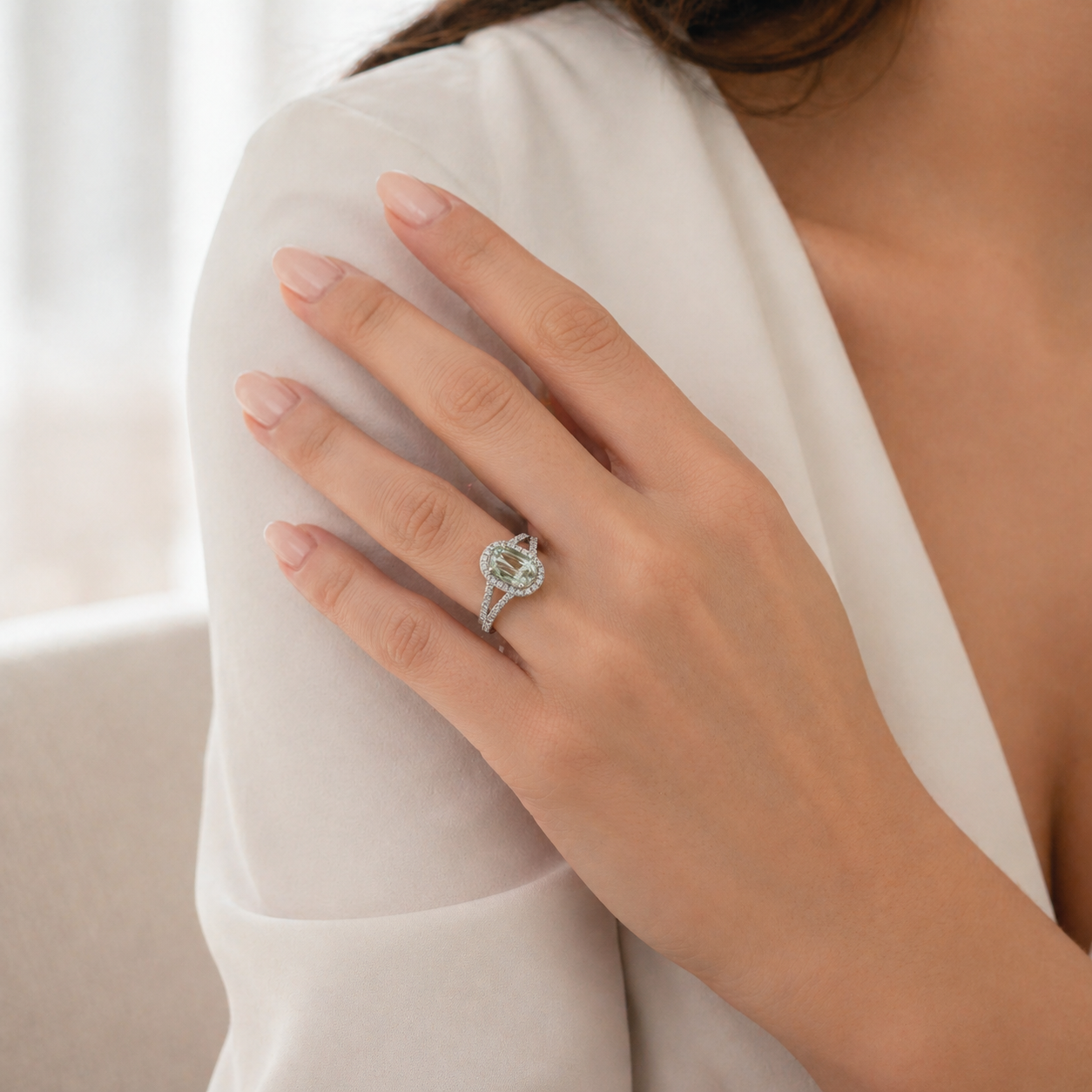 Natural Radiant Cut Fancy Green Diamond Halo Ring 18KT White Gold