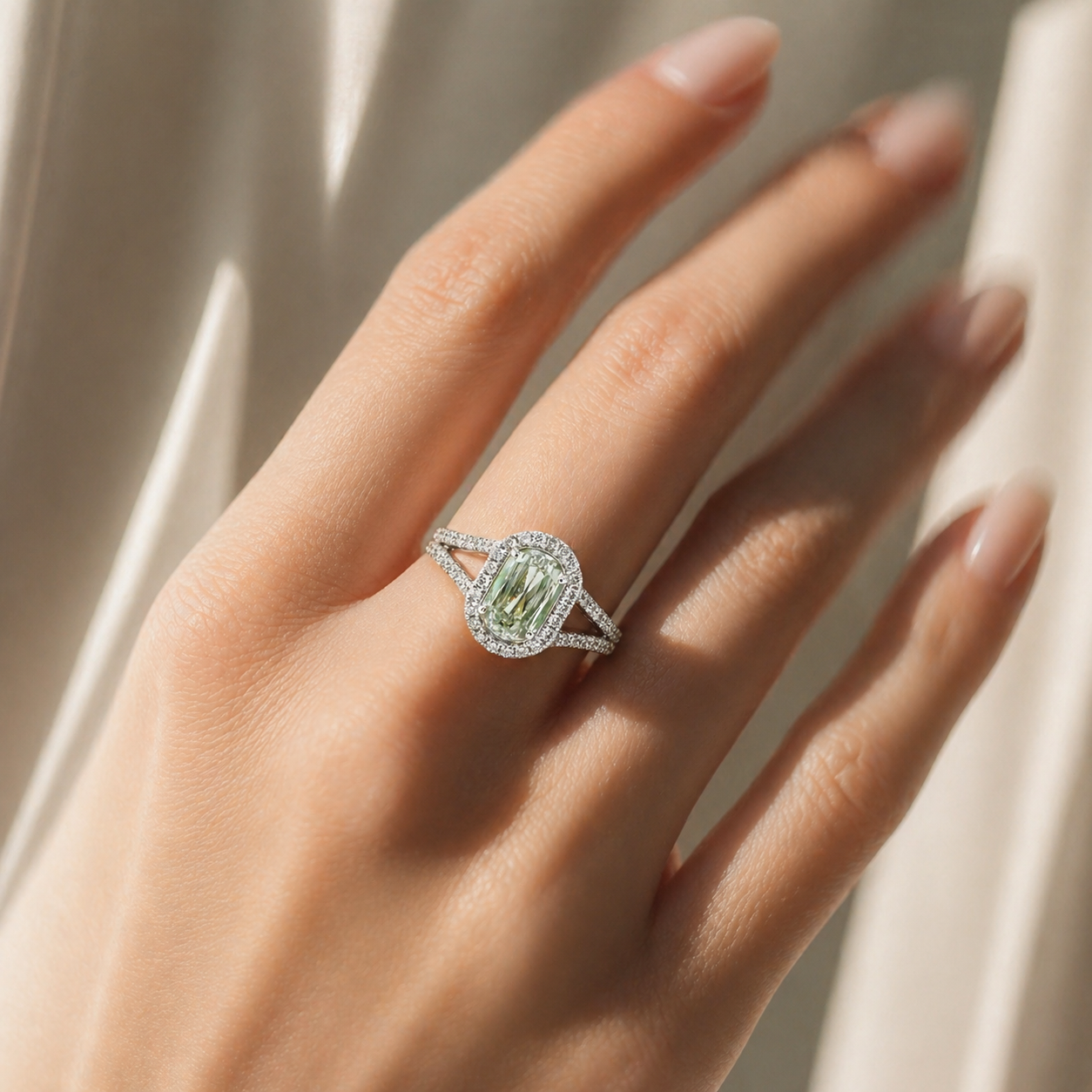 Natural Radiant Cut Fancy Green Diamond Halo Ring 18KT White Gold