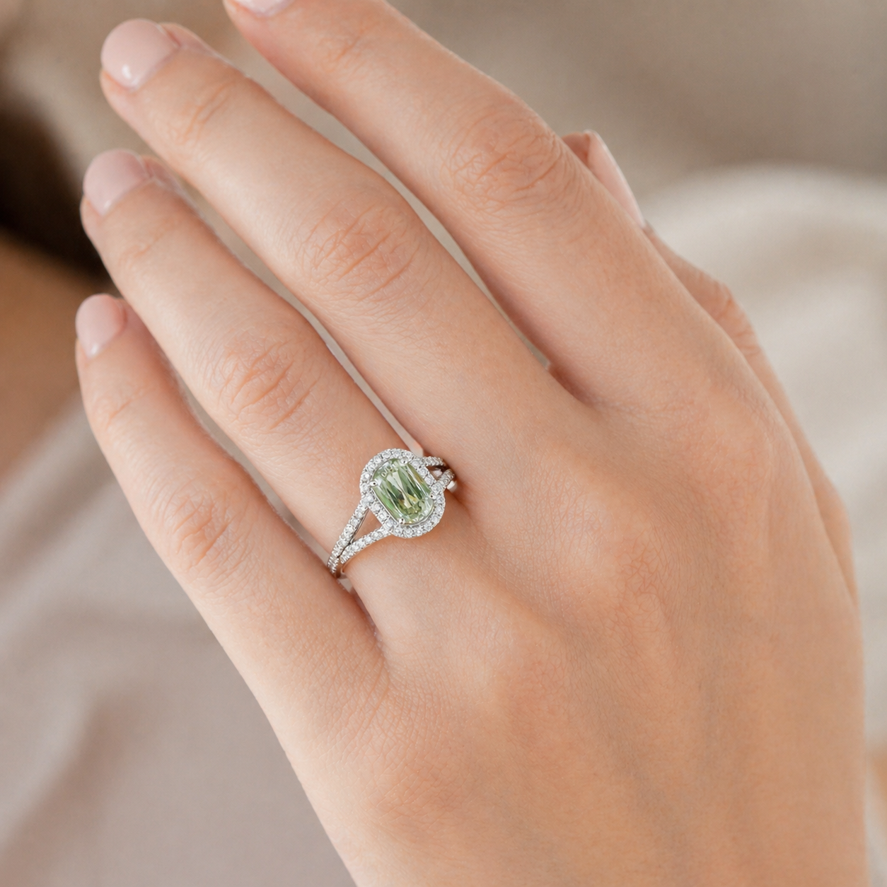 Natural Radiant Cut Fancy Green Diamond Halo Ring 18KT White Gold