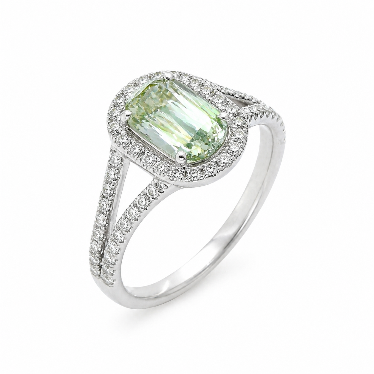Natural Radiant Cut Fancy Green Diamond Halo Ring 18KT White Gold