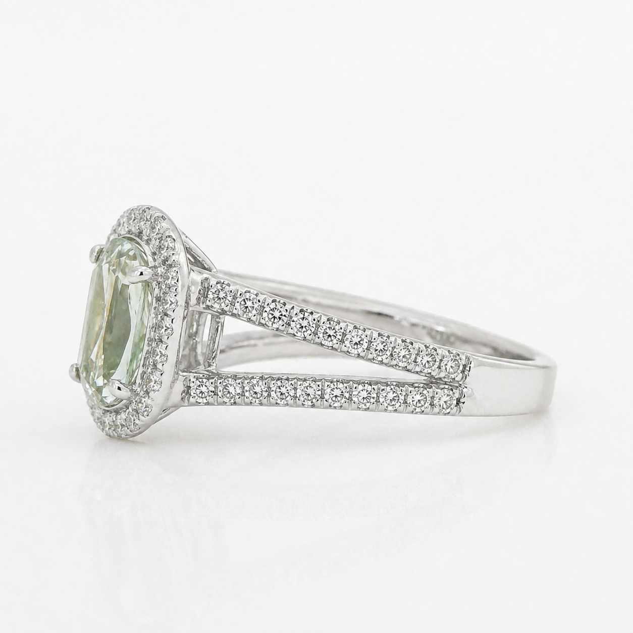Natural Radiant Cut Fancy Green Diamond Halo Ring 18KT White Gold