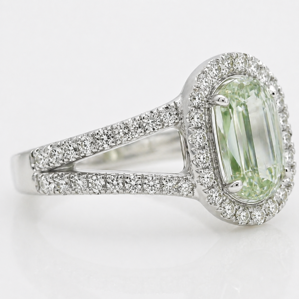 Natural Radiant Cut Fancy Green Diamond Halo Ring 18KT White Gold