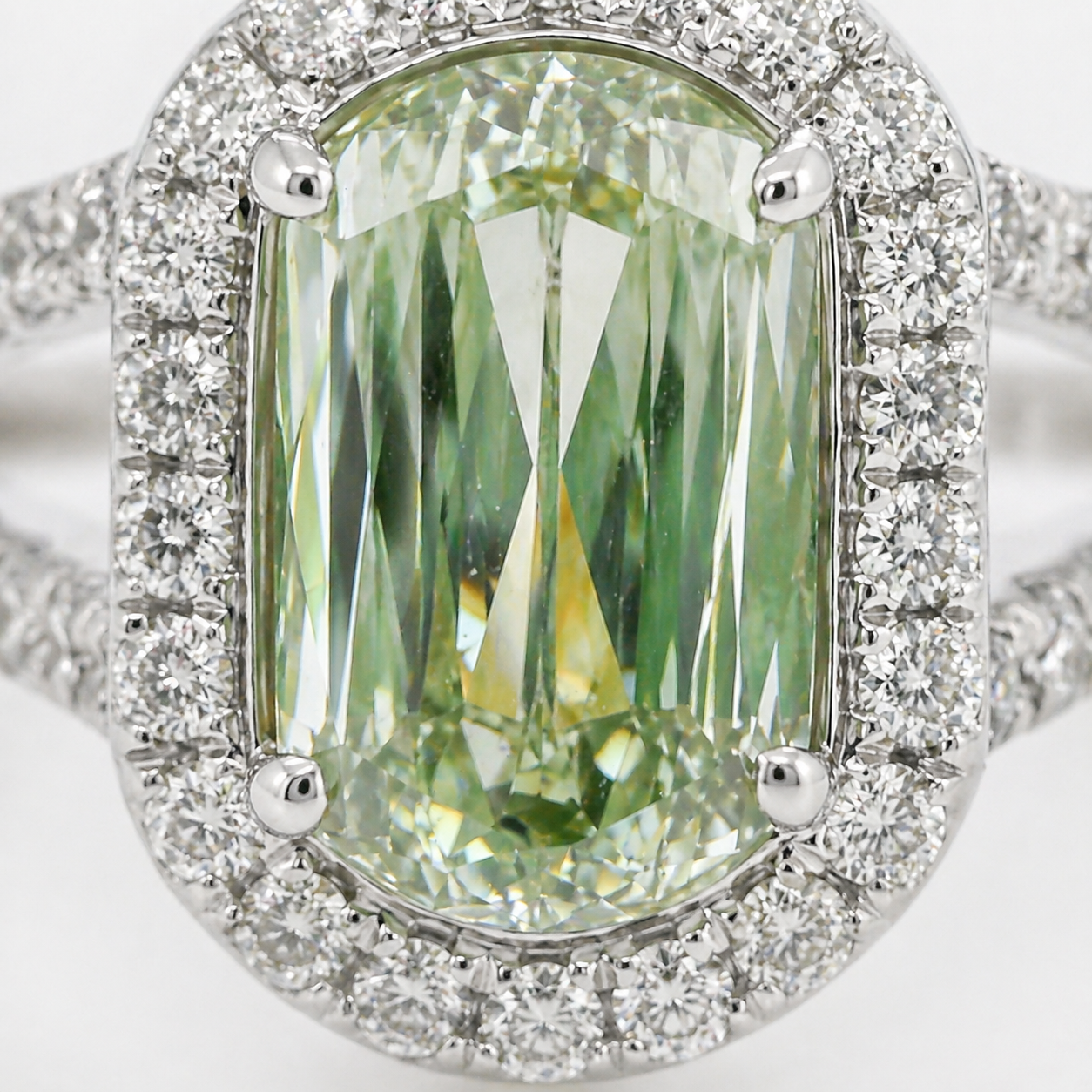 Natural Radiant Cut Fancy Green Diamond Halo Ring 18KT White Gold