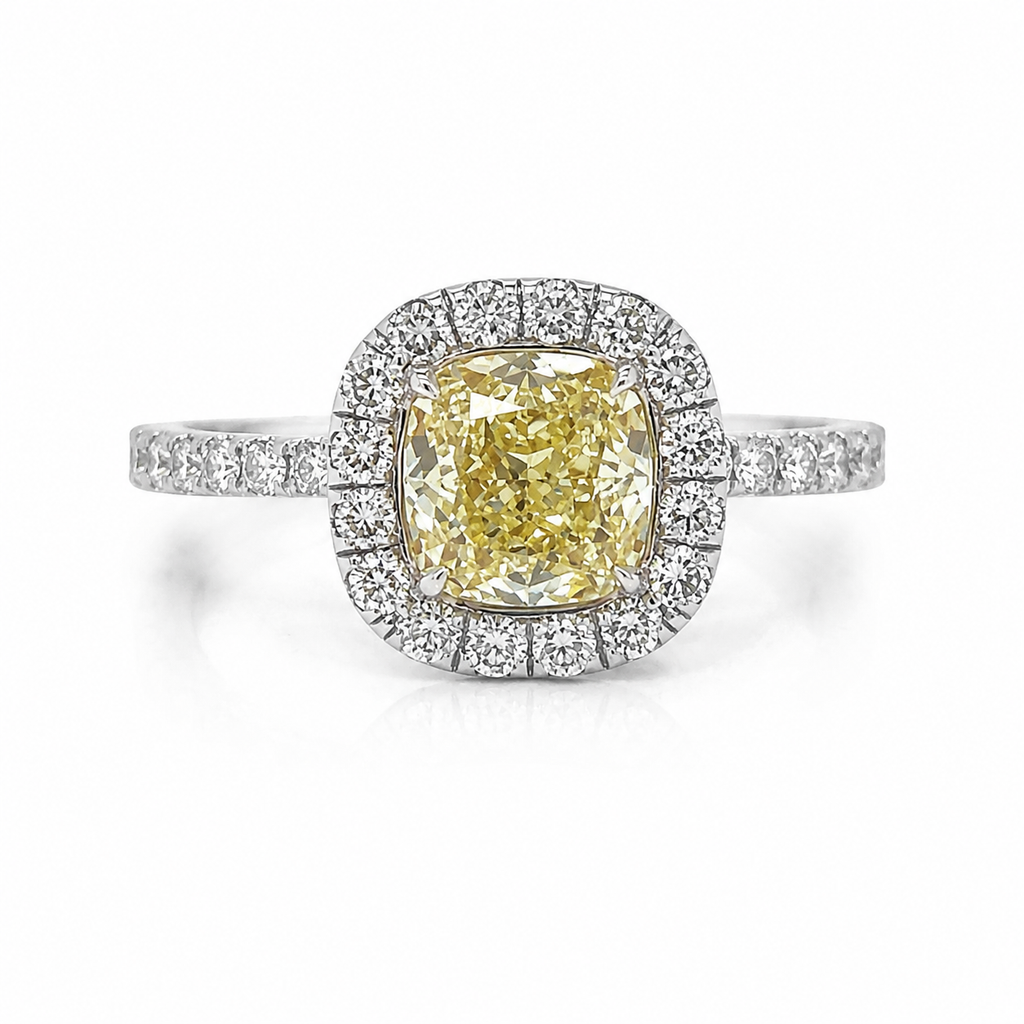 Natural Cushion Cut Fancy Yellow Diamond Halo Ring 18KT White Gold