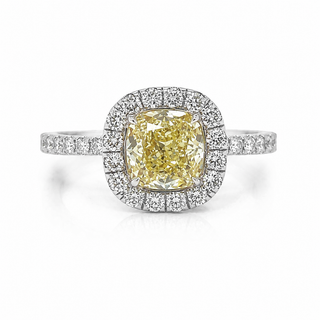 Natural Cushion Cut Fancy Yellow Diamond Halo Ring 18KT White Gold