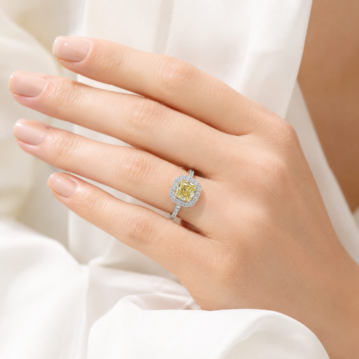 Natural Cushion Cut Fancy Yellow Diamond Halo Ring 18KT White Gold