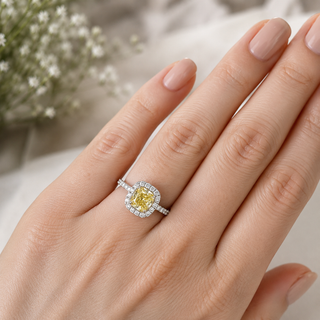 Natural Cushion Cut Fancy Yellow Diamond Halo Ring 18KT White Gold