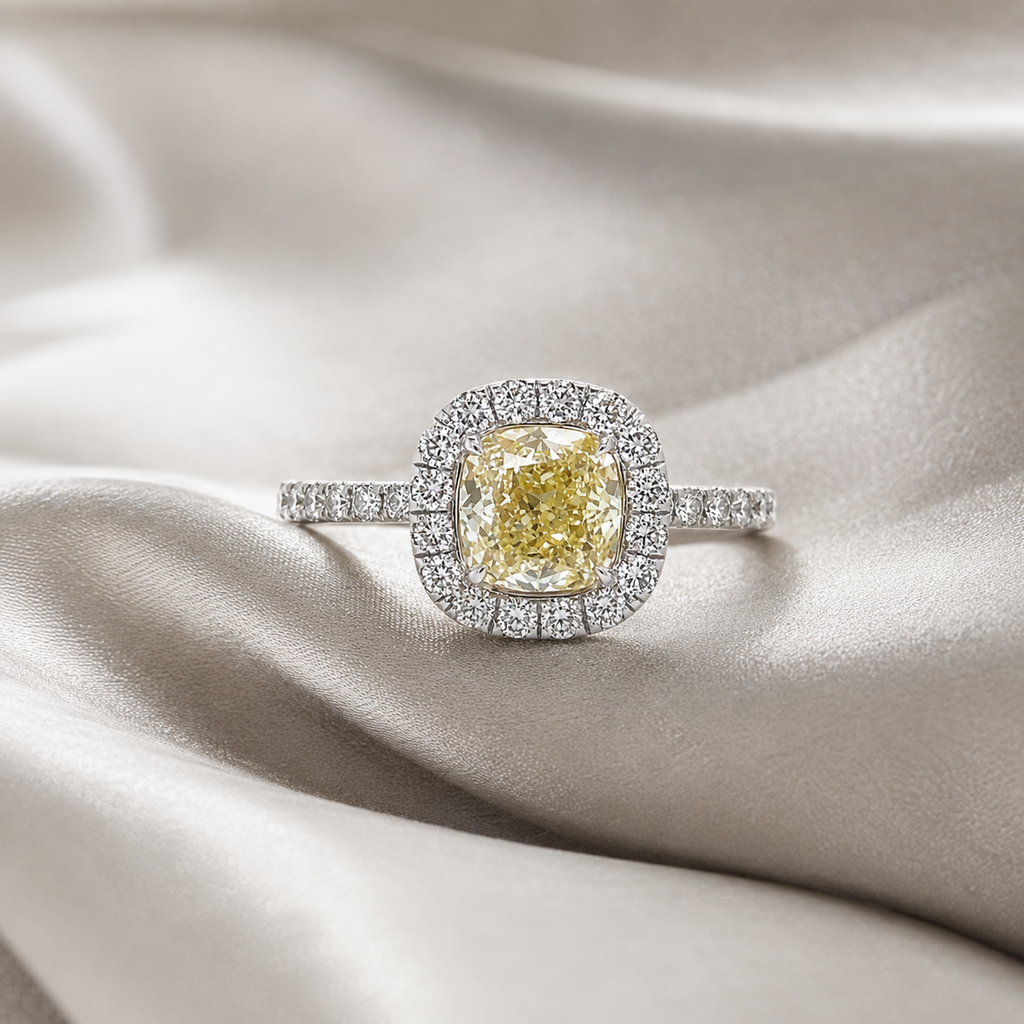 Natural Cushion Cut Fancy Yellow Diamond Halo Ring 18KT White Gold