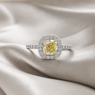 Natural Cushion Cut Fancy Yellow Diamond Halo Ring 18KT White Gold
