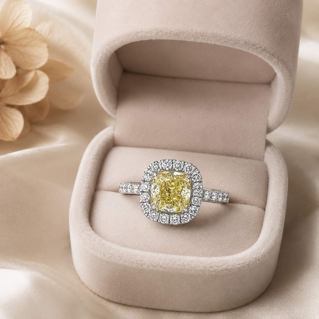 Natural Cushion Cut Fancy Yellow Diamond Halo Ring 18KT White Gold