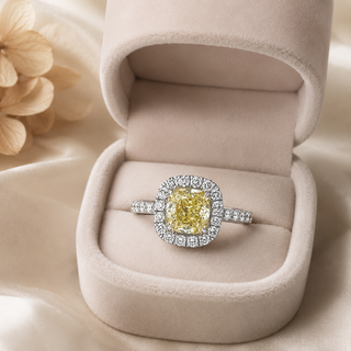 Natural Cushion Cut Fancy Yellow Diamond Halo Ring 18KT White Gold