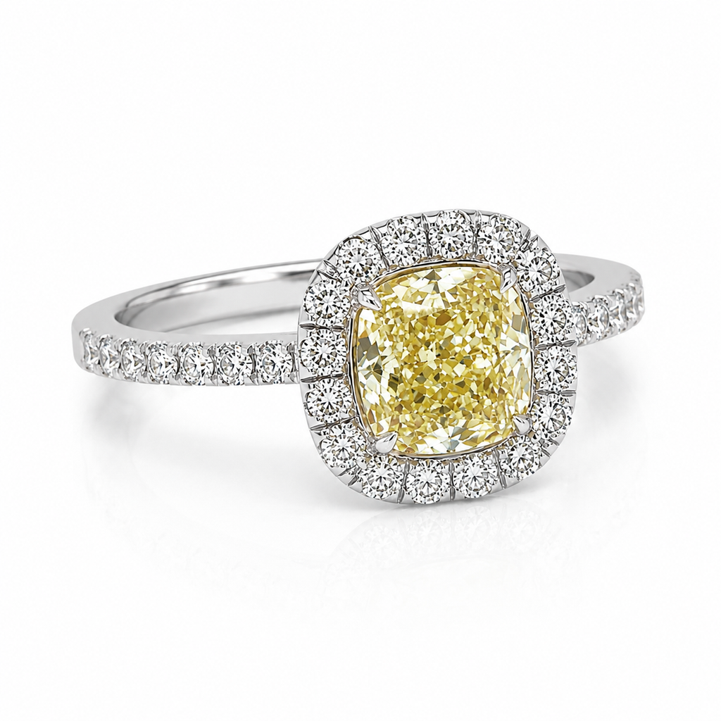 Natural Cushion Cut Fancy Yellow Diamond Halo Ring 18KT White Gold