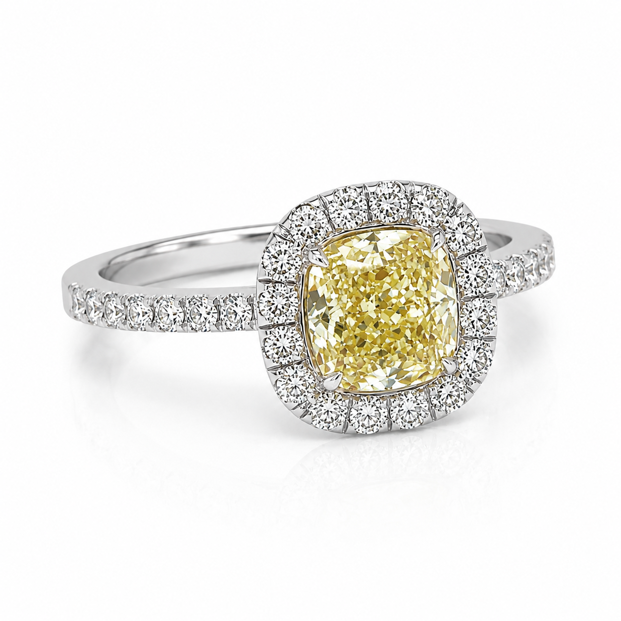 Natural Cushion Cut Fancy Yellow Diamond Halo Ring 18KT White Gold